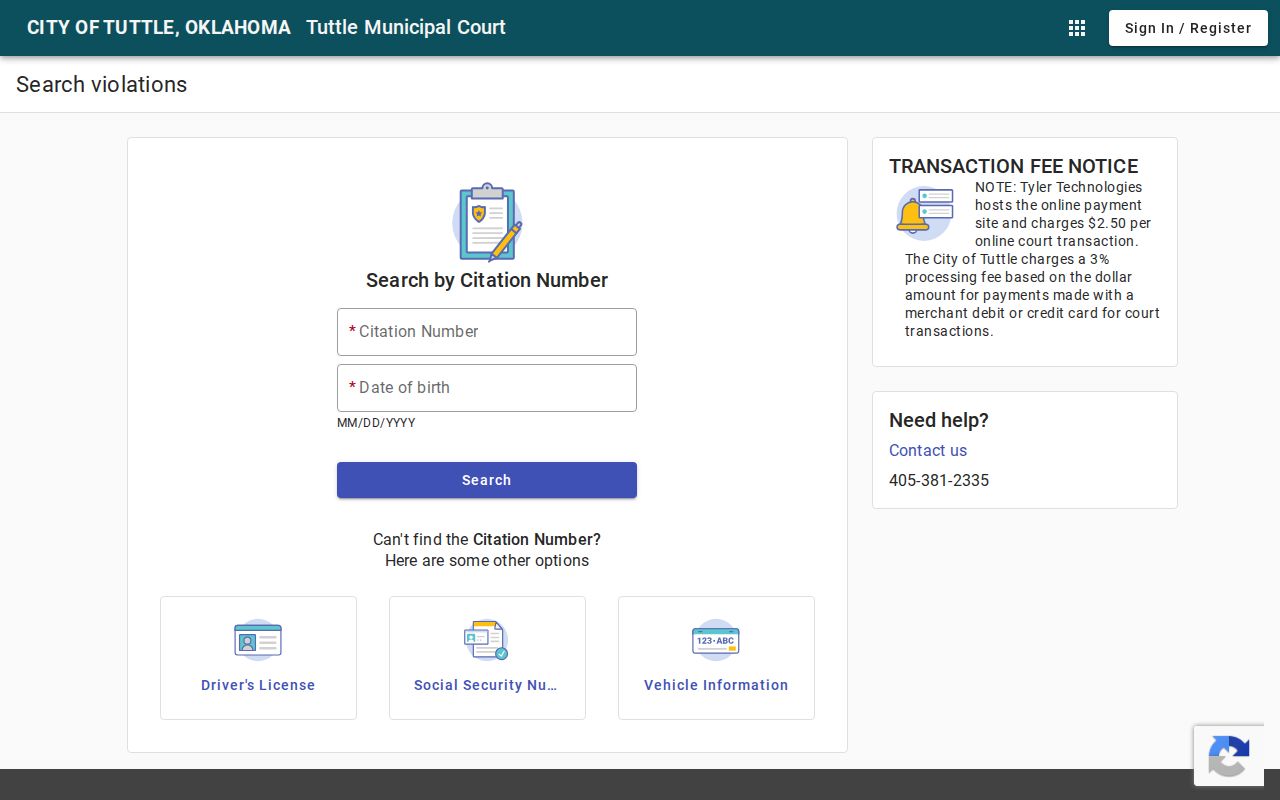 Blank Tuttle municipal court portal for Tuttle warrant records