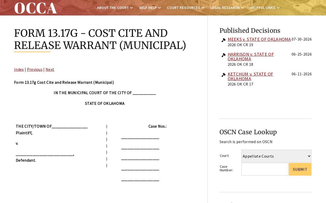 Blank Oklahoma cost cite release form for Grady County municipal warrant records