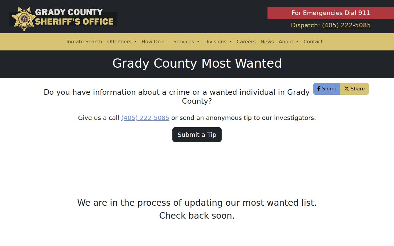 Grady County warrant records Most Wanted program notice
